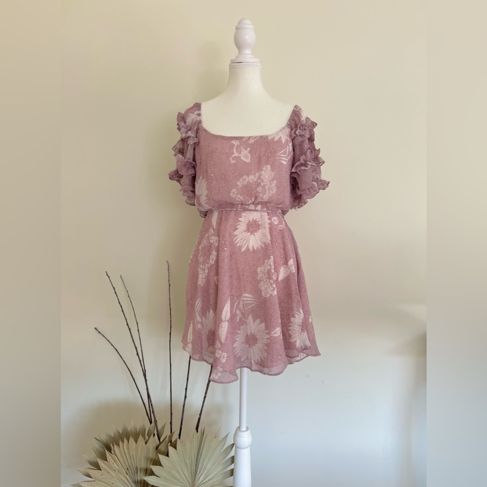 Dark Pink Floral Dress with Frill Sleeve